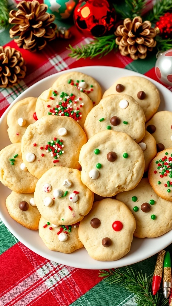 A plate of decorated Christmas cookies with sprinkles and chocolate chips on a festive table.